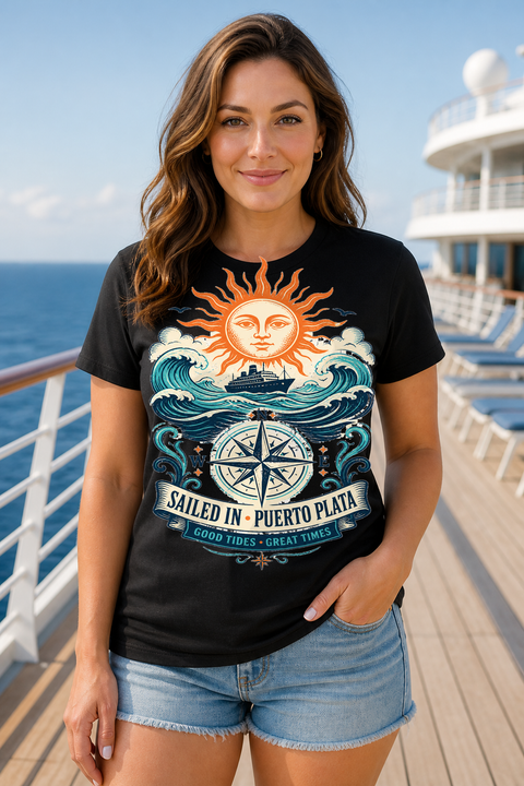 Female black T-shirt cruise deck mockup using exact CRUISE-0090 artwork
