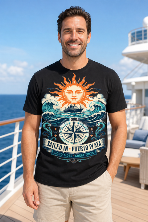 Male black T-shirt cruise deck mockup using exact CRUISE-0090 artwork