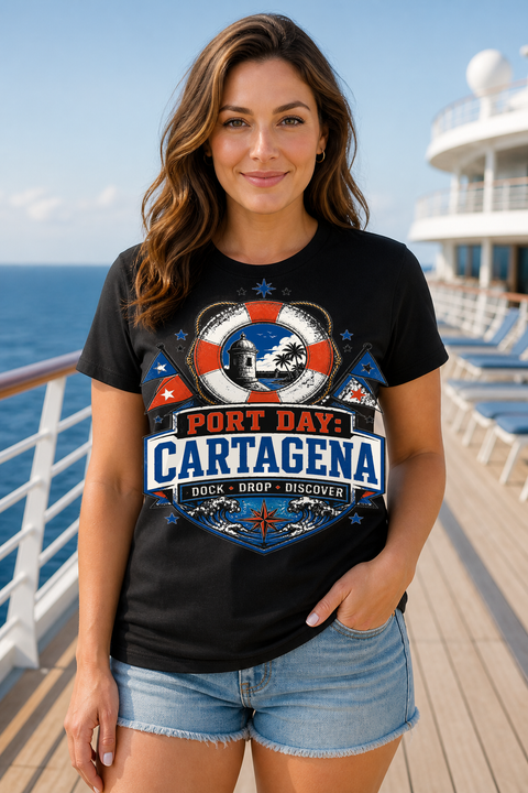 Female black T-shirt cruise deck mockup using exact CRUISE-0092 artwork