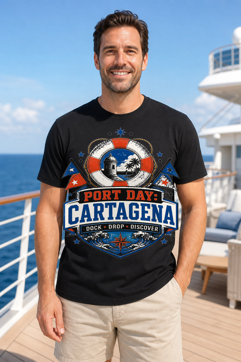Male black T-shirt cruise deck mockup using exact CRUISE-0092 artwork