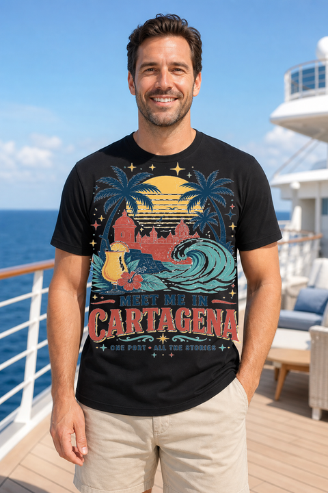 Male black T-shirt cruise deck mockup using exact CRUISE-0093 artwork