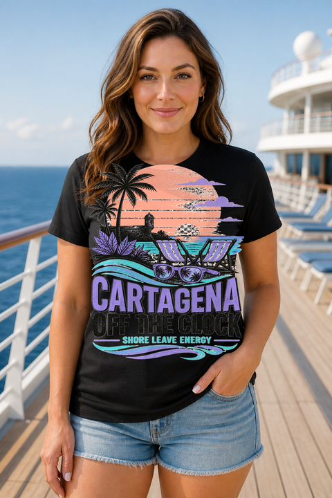 Female black T-shirt cruise deck mockup using exact CRUISE-0094 artwork