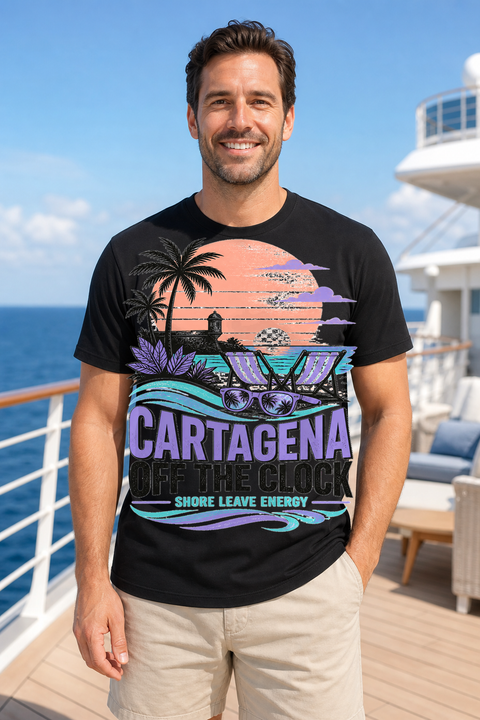 Male black T-shirt cruise deck mockup using exact CRUISE-0094 artwork
