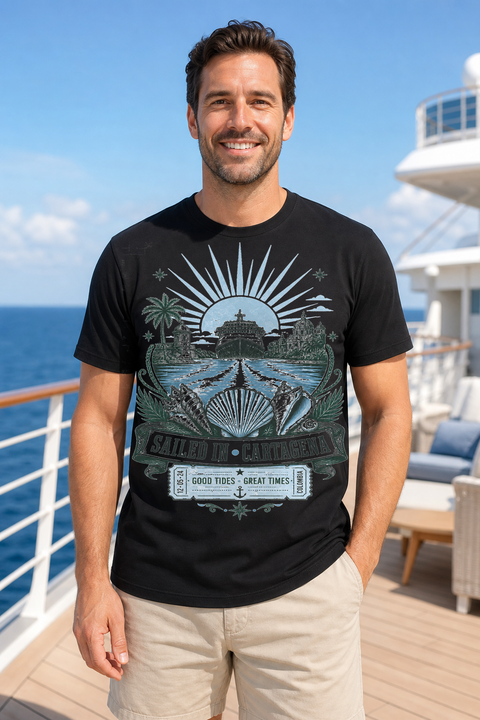 Male black T-shirt cruise deck mockup using exact CRUISE-0095 artwork