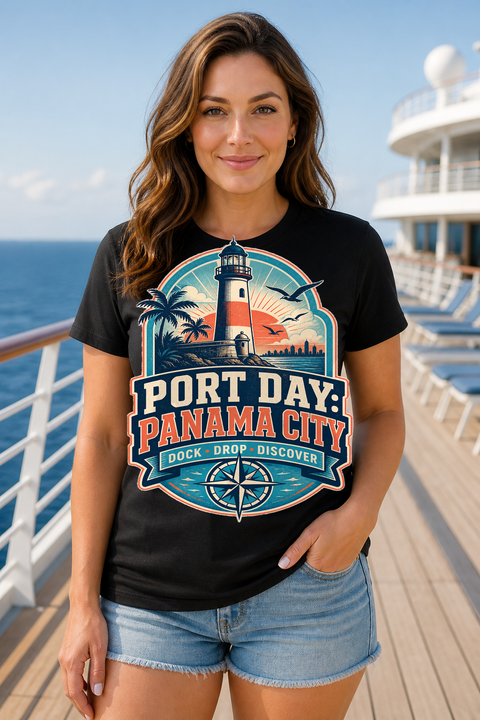 Female black T-shirt cruise deck mockup using exact CRUISE-0097 artwork