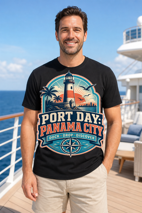 Male black T-shirt cruise deck mockup using exact CRUISE-0097 artwork