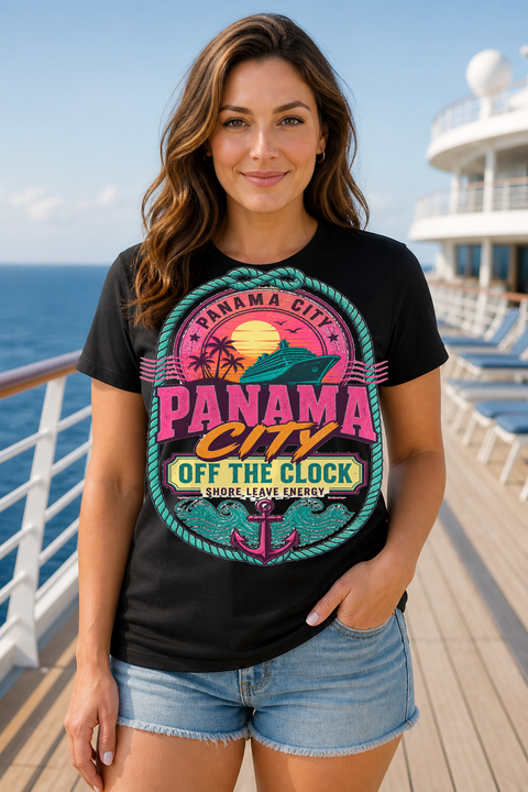 Female black T-shirt cruise deck mockup using exact CRUISE-0099 artwork
