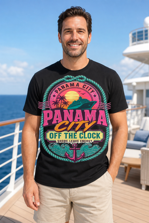Male black T-shirt cruise deck mockup using exact CRUISE-0099 artwork
