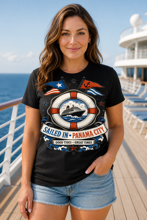 Female black T-shirt cruise deck mockup using exact CRUISE-0100 artwork