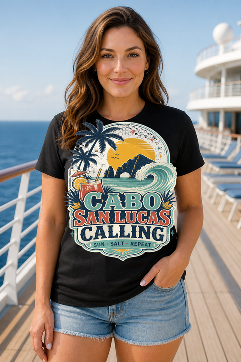Female black T-shirt cruise deck mockup using exact CRUISE-0101 artwork