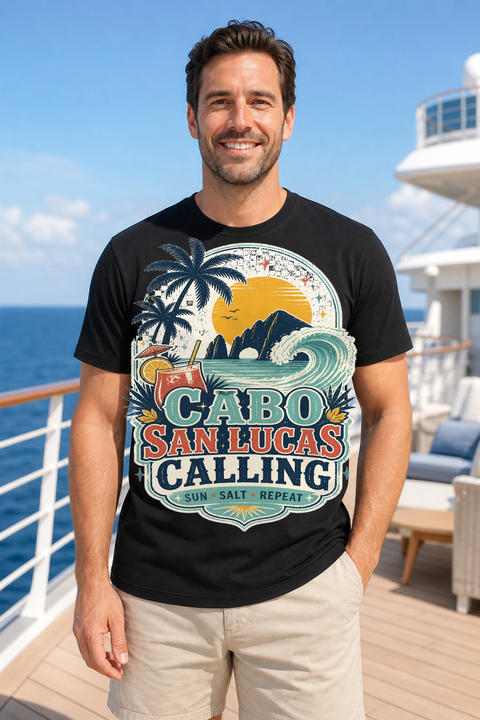 Male black T-shirt cruise deck mockup using exact CRUISE-0101 artwork