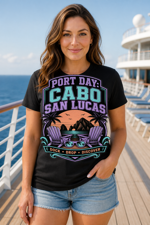 Female black T-shirt cruise deck mockup using exact CRUISE-0102 artwork