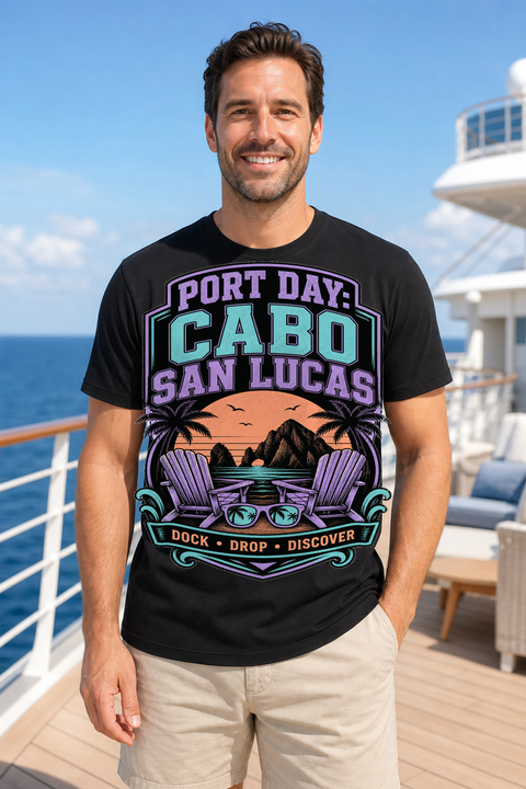 Male black T-shirt cruise deck mockup using exact CRUISE-0102 artwork