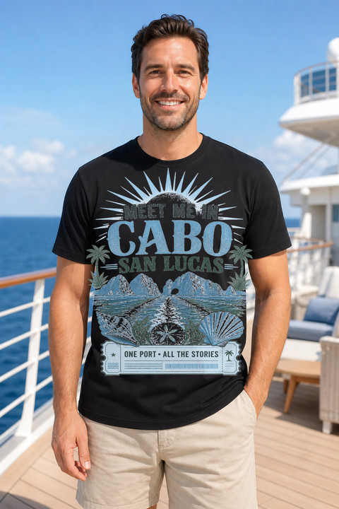 Male black T-shirt cruise deck mockup using exact CRUISE-0103 artwork