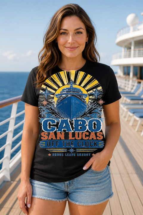Female black T-shirt cruise deck mockup using exact CRUISE-0104 artwork
