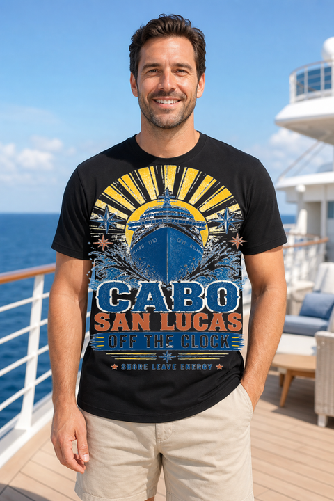 Male black T-shirt cruise deck mockup using exact CRUISE-0104 artwork