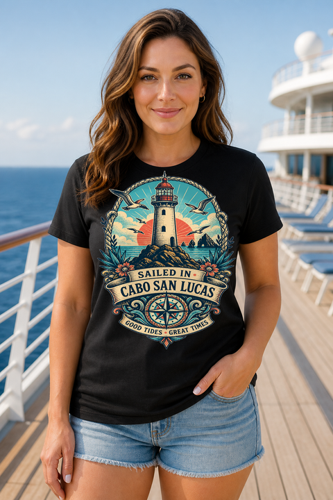 Female black T-shirt cruise deck mockup using exact CRUISE-0105 artwork