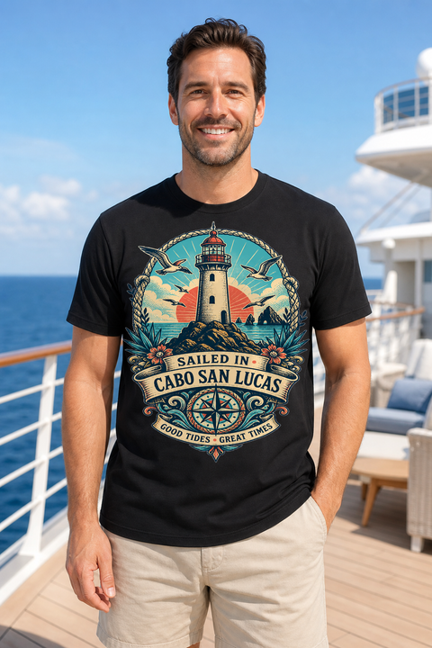 Male black T-shirt cruise deck mockup using exact CRUISE-0105 artwork