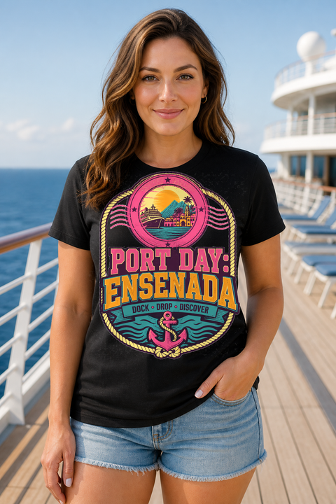 Female black T-shirt cruise deck mockup using exact CRUISE-0107 artwork