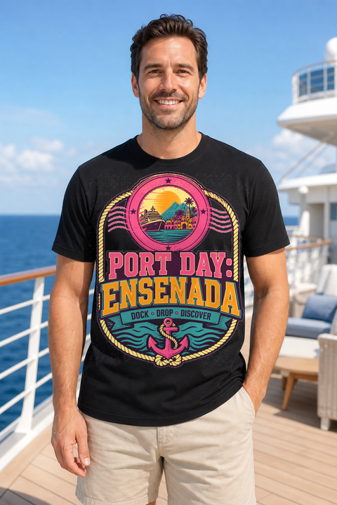 Male black T-shirt cruise deck mockup using exact CRUISE-0107 artwork