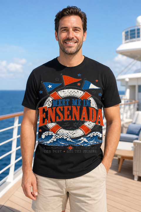 Male black T-shirt cruise deck mockup using exact CRUISE-0108 artwork