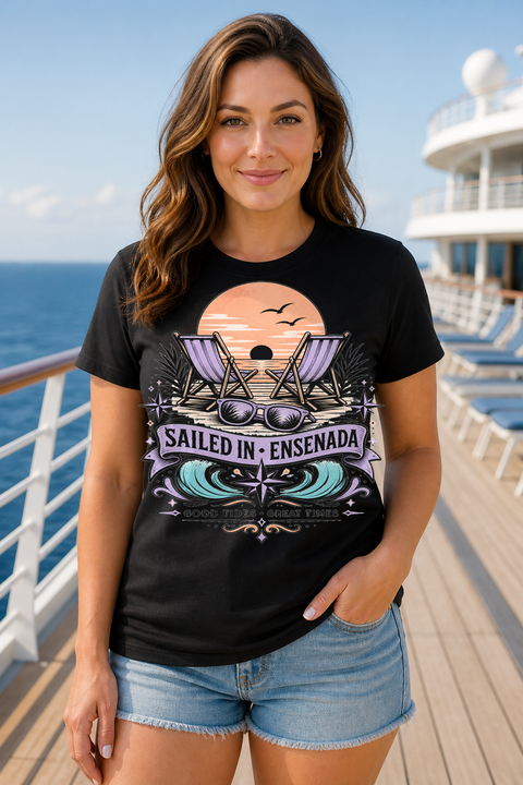 Female black T-shirt cruise deck mockup using exact CRUISE-0110 artwork