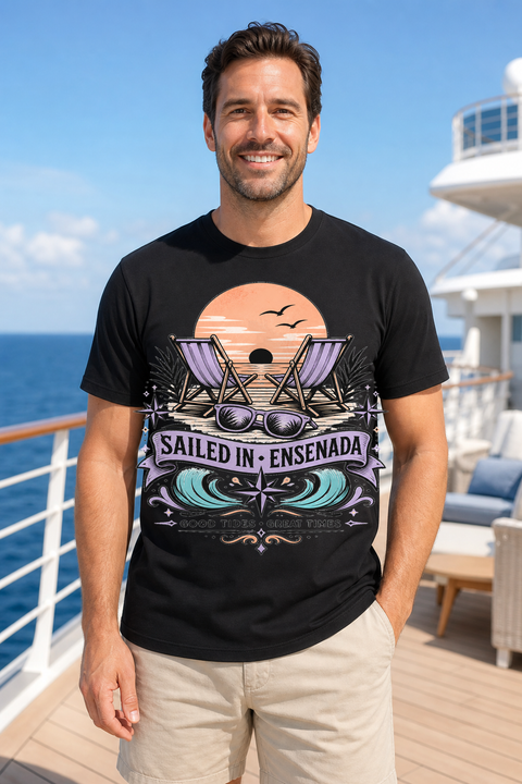 Male black T-shirt cruise deck mockup using exact CRUISE-0110 artwork