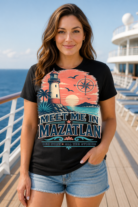 Female black T-shirt cruise deck mockup using exact CRUISE-0113 artwork