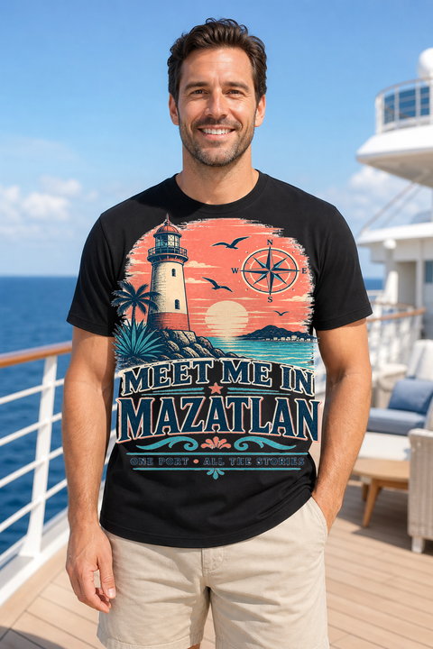 Male black T-shirt cruise deck mockup using exact CRUISE-0113 artwork