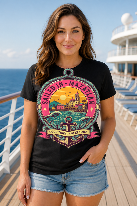Female black T-shirt cruise deck mockup using exact CRUISE-0115 artwork