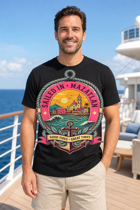 Male black T-shirt cruise deck mockup using exact CRUISE-0115 artwork