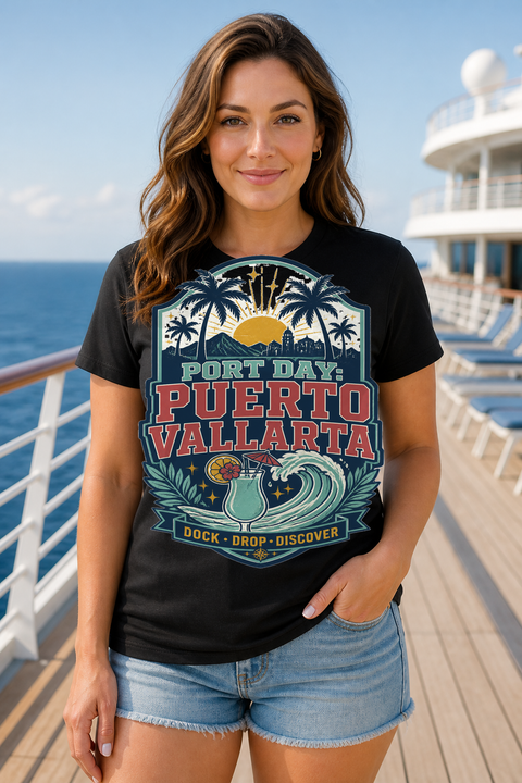 Female black T-shirt cruise deck mockup using exact CRUISE-0117 artwork