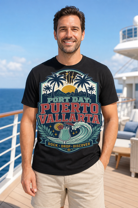 Male black T-shirt cruise deck mockup using exact CRUISE-0117 artwork