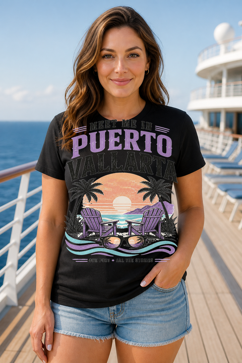 Female black T-shirt cruise deck mockup using exact CRUISE-0118 artwork