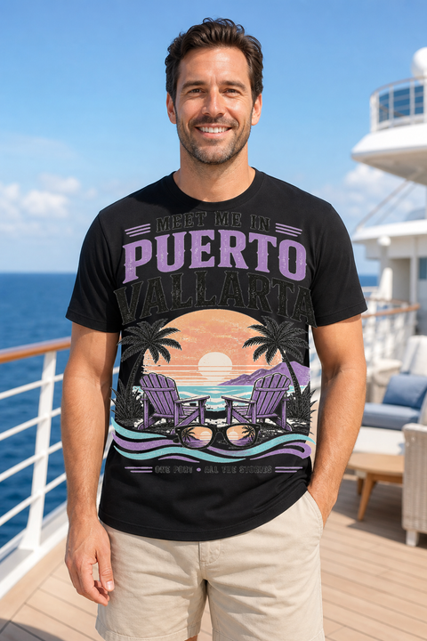 Male black T-shirt cruise deck mockup using exact CRUISE-0118 artwork