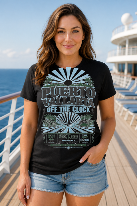 Female black T-shirt cruise deck mockup using exact CRUISE-0119 artwork