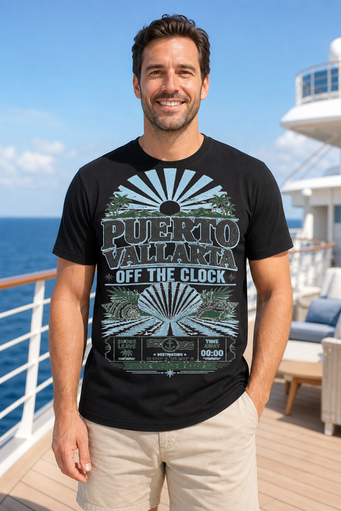 Male black T-shirt cruise deck mockup using exact CRUISE-0119 artwork