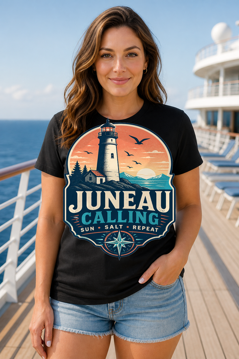 Female black T-shirt cruise deck mockup using exact CRUISE-0121 artwork