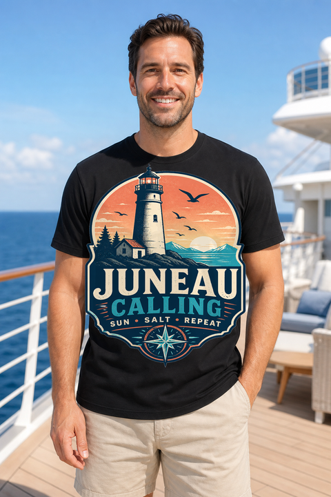 Male black T-shirt cruise deck mockup using exact CRUISE-0121 artwork