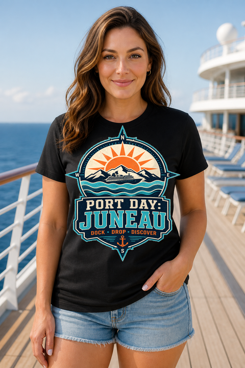 Female black T-shirt cruise deck mockup using exact CRUISE-0122 artwork