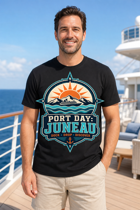 Male black T-shirt cruise deck mockup using exact CRUISE-0122 artwork
