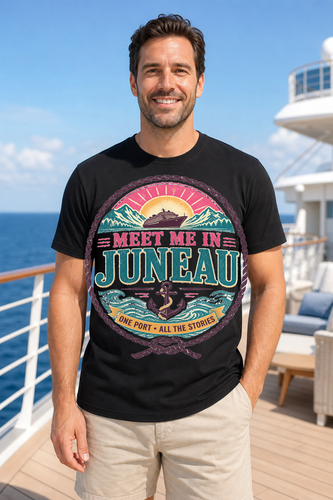 Male black T-shirt cruise deck mockup using exact CRUISE-0123 artwork