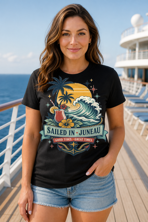 Female black T-shirt cruise deck mockup using exact CRUISE-0125 artwork