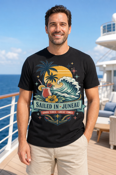 Male black T-shirt cruise deck mockup using exact CRUISE-0125 artwork