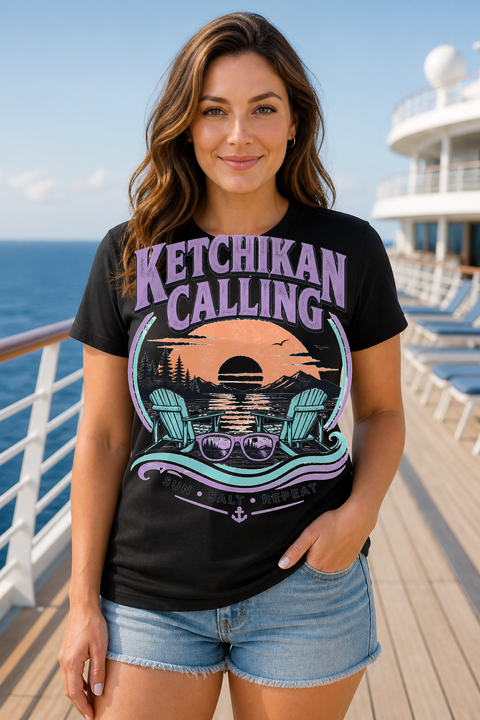 Female black T-shirt cruise deck mockup using exact CRUISE-0126 artwork