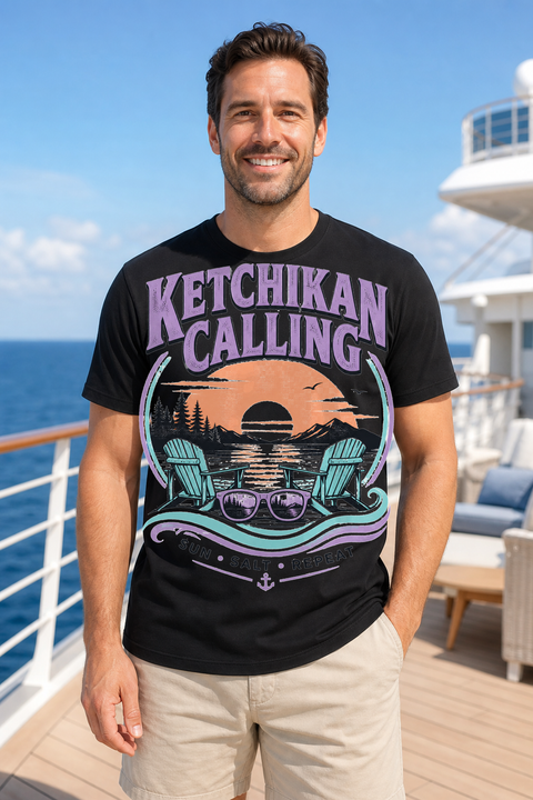Male black T-shirt cruise deck mockup using exact CRUISE-0126 artwork
