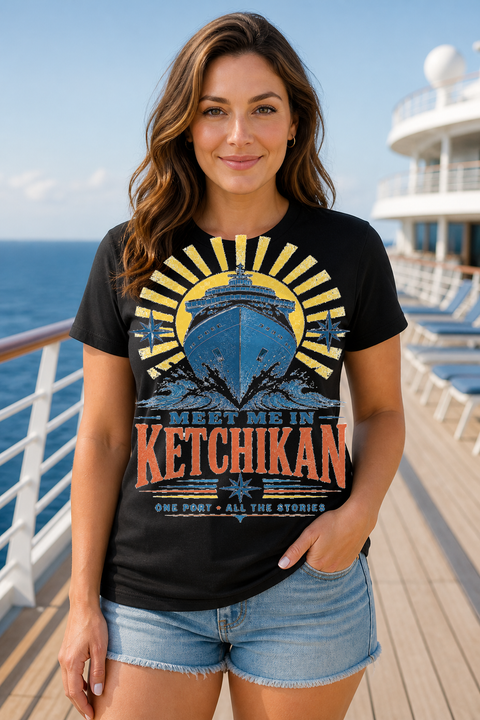 Female black T-shirt cruise deck mockup using exact CRUISE-0128 artwork