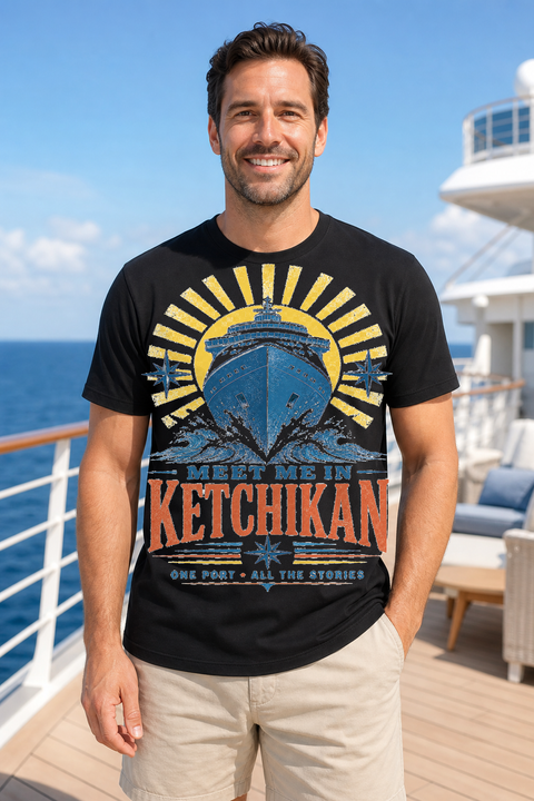 Male black T-shirt cruise deck mockup using exact CRUISE-0128 artwork