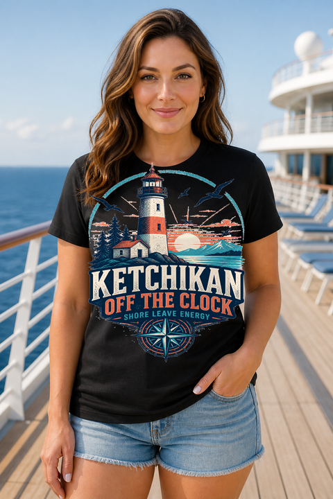 Female black T-shirt cruise deck mockup using exact CRUISE-0129 artwork