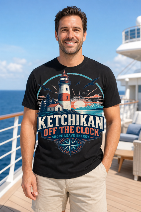 Male black T-shirt cruise deck mockup using exact CRUISE-0129 artwork